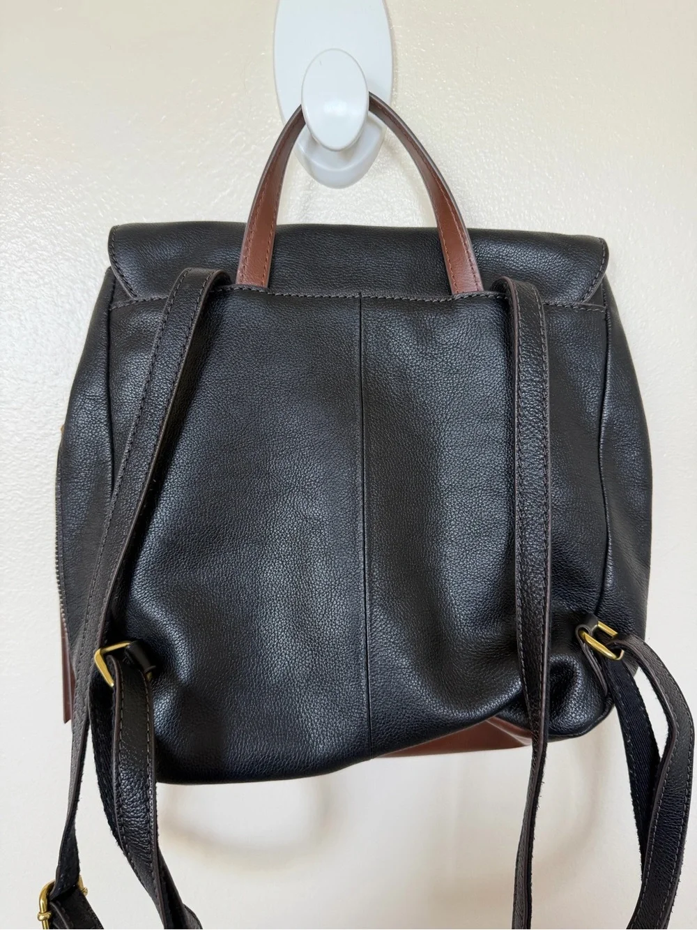 FOSSIL Black Pebbled Leather Backpack with Brown Trim